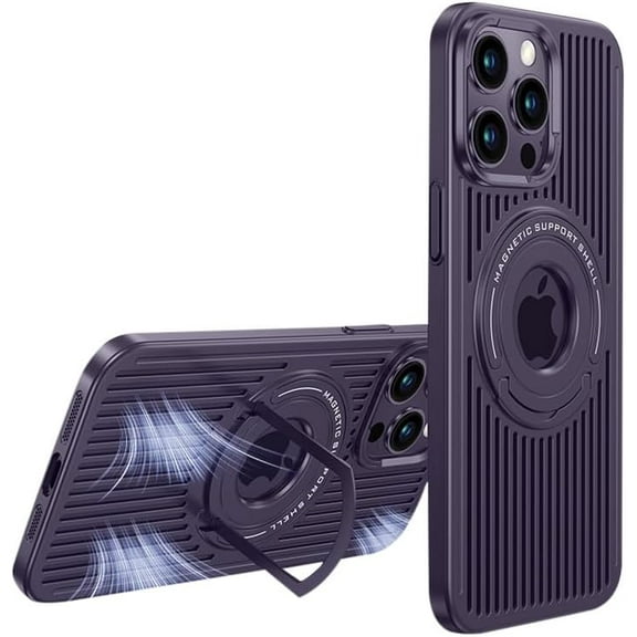 Magnetic Series Designed for iPhone Case[Compatible with MagSafe[Military Drop&Full Body Protection] Heat Dissipation Ring Holder Stand Logo View Shockproof Cover (Purple,iPhone 15 Pro Max)