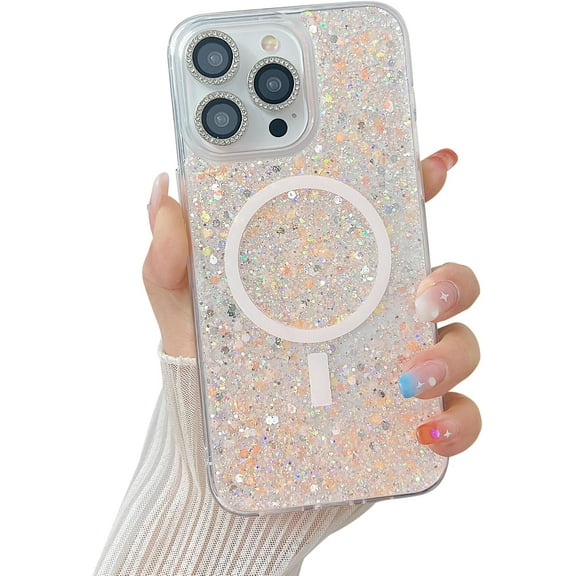 Magnetic Series Designed for iPhone Case,[Compatible with MagSafe&Wireless Charging][Military Drop & Camera Lens Protection],Clear Glitter Sequin Shockproof Cover (Pink,iPhone 16)