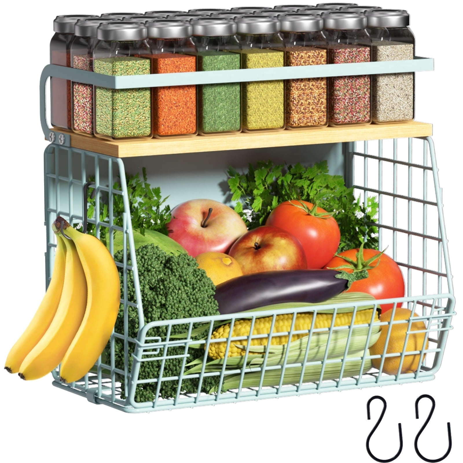 Magnetic Shelf for Fridge with Wood Lid, Fruit Potato and Onion Storage Bins, Pantry Organizers & Storage, Large Container Magnetic Spice Rack for Refrigerator, Kitchen Counter, Cabinet (Blue, 1)