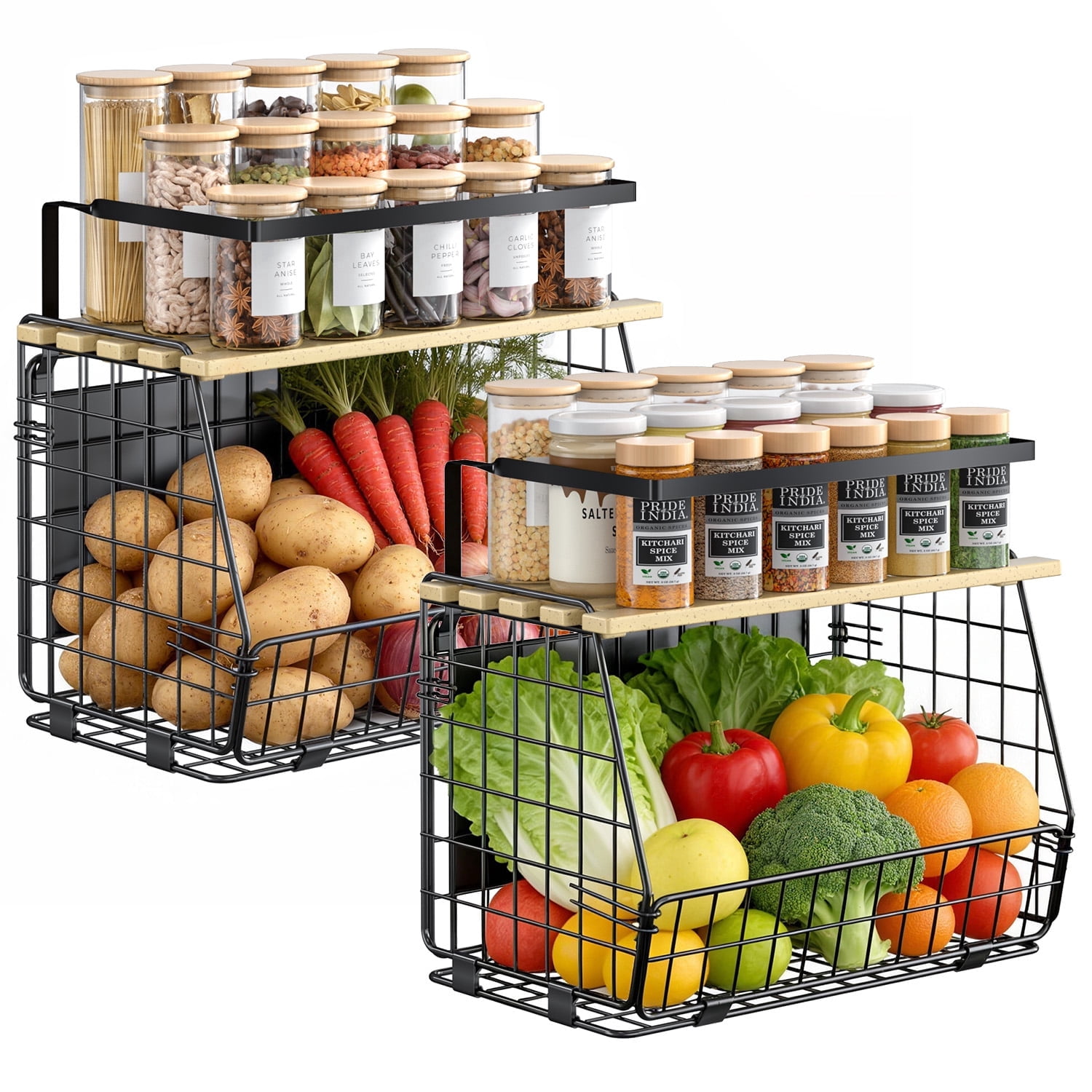 TINANA Magnetic Shelf for Fridge with Lid, 2 Pack Heavy-Duty Refrigerator Organizer, Fruit Potato Onion Storage Bin & Spice Rack for Kitchen, Pantry