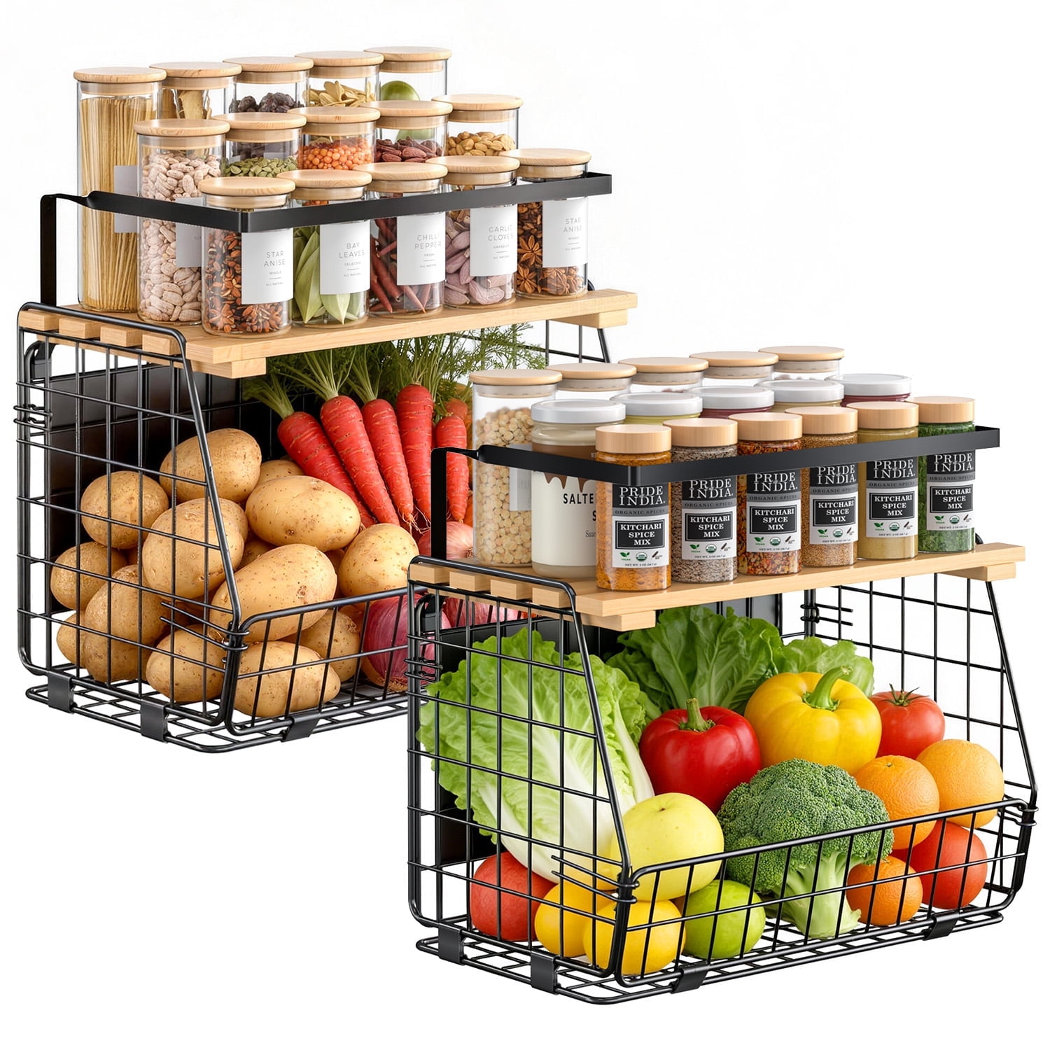 TINANA Magnetic Shelf for Fridge with Wood Lid, 2 Pack Heavy-Duty Magnetic Refrigerator Organizer, Fruit Potato Onion Storage Bin & Magnetic Spice Rack for Kitchen, Pantry & RV