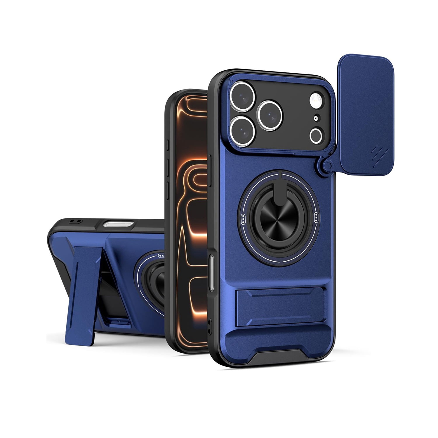 Magnetic Shockproof Slide Camera Lens Case with Ring Stand for iPhone 17 Pro Max - Blue