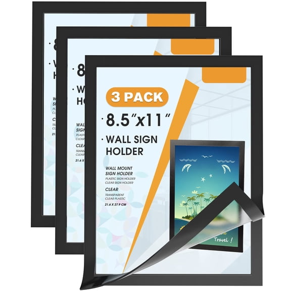 Magnetic Sign Holder 8.5 x 11, Self Adhesive Wall Mount Display Frame with Strong Magnetic Border, Clear PVC Document Poster Paper Holder for Office Store Home, 3 Pack, Black