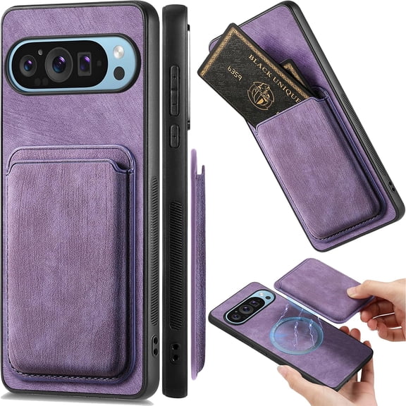 Magnetic Slim Fit Case for Google Pixel 9 Pro/Pixel 9 2024 with Detachable Credit Card Holder Slot, Scratch Resistant Ultra-Thin Case for Google Pixel 9 Pro. TCK-Retro Purple
