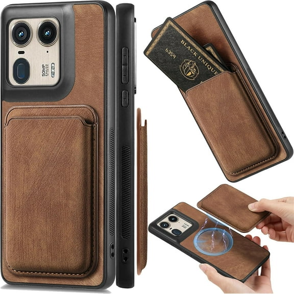 Magnetic Slim Fit Case for Motorola Edge 50 Ultra/Moto X50 Ultra with Detachable Credit Card Holder Slot, Scratch Resistant Ultra-Thin Case for Motorola Edge 50 Ultra. TCK-Retro Brown