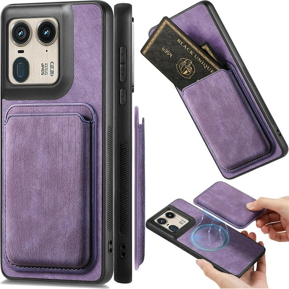 Magnetic Slim Fit Case for Motorola Edge 50 Ultra/Moto X50 Ultra with Detachable Credit Card Holder Slot, Scratch Resistant Ultra-Thin Case for Motorola Edge 50 Ultra. TCK-Retro Purple