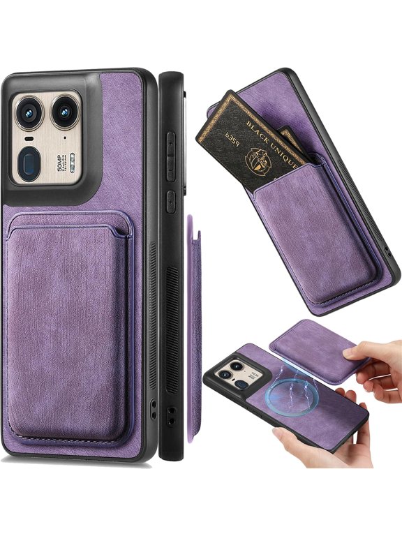 Magnetic Slim Fit Case for Motorola Edge 50 Ultra/Moto X50 Ultra with Detachable Credit Card Holder Slot, Scratch Resistant Ultra-Thin Case for Motorola Edge 50 Ultra. TCK-Retro Purple