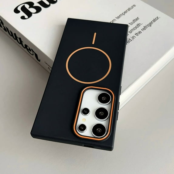 Magnetic Slim Fit for Samsung Galaxy S22 Ultra Case, Compatible with Mag-Safe, Lightweight Matte Anti-Scratch Hard Drop Protection Cover Phone Case for Samsung Galaxy S22 Ultra, Blackorange