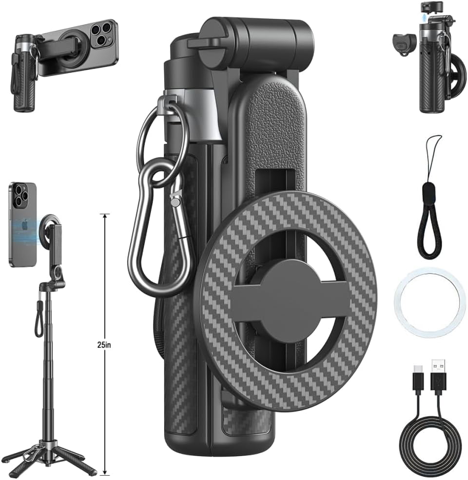 Magnetic Small Selfie Stick for iPhone,4 in 1 Multifunctional Portable Selfie Sticks Retractable Cell Phone Travel Tripod with Remote Control, Mini Phone Tripod for iPhone 17/16/15/14/13/12 Series
