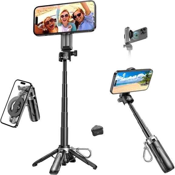 Magnetic Small Selfie Stick for iPhone,4 in 1 Multifunctional Portable Selfie Sticks Retractable Cell Phone Travel Tripod with Remote Control, Mini Phone Tripod for iPhone 17/16/15/14/13/12 Series