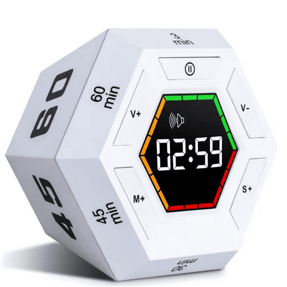 Magnetic Smart Productivity Kitchen Timer Digital Study Pomodoro Cooking Timer Hexagon Visual Flip Timer,1 x Timer,White & Black