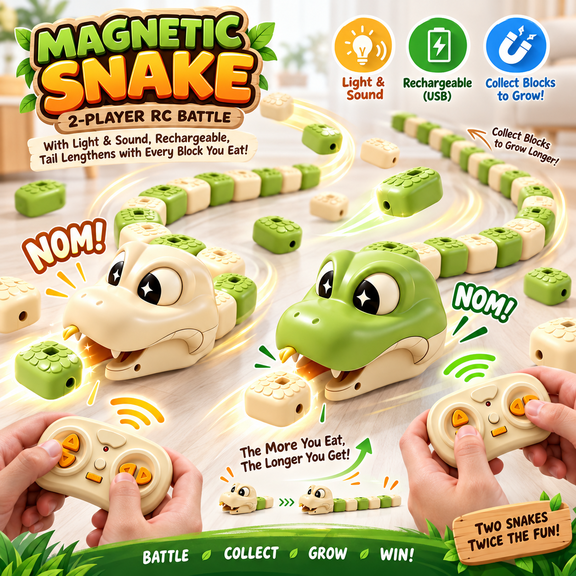 Magnetic Snake Game Toy Eating Itself, 2 Player Remote Control Snake Battle Game with Magnetic Tail Blocks, Crocodile RC Racer for Family Game Night Indoor Competition