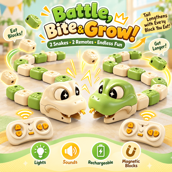 Magnetic Snake Game Toy Eating Itself, Crocodile Remote Control Snake Toy with Magnetic Extendable Tail, Interactive RC Collecting Game for Indoor Play, Beige Green 2 Player