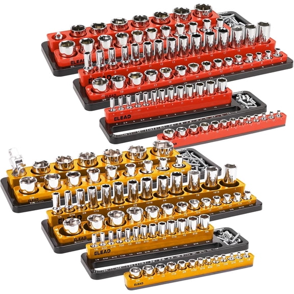 Magnetic Socket Holder Organizer Set - 6-Piece Durable 1/2, 1/4, 3/8 Inch Drive Holder, Tool Box Storage Tray for Wrench, Screwdriver, Mechanic Tools, Portable Toolbox Accessory