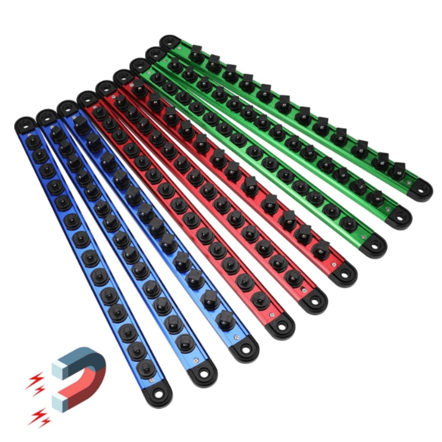 Magnetic Socket Holder Organizer Set: 9-Piece Detachable 1/4, 3/8, 1/2 Socket Trays Socket Organizer for Tool Box Drawer Holds 120-Piece Standard Size Sockets for Automotive Garage(Blue Red Green)