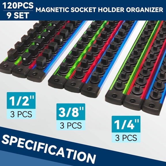 Magnetic Socket Holder Organizer Set - 9-Piece Detachable Trays for 1/4, 3/8, 1/2 Sockets, 120-Piece Toolbox Drawer Organizer, Aluminum Alloy Garage Storage for Mechanics & (Red/Blue/Green)