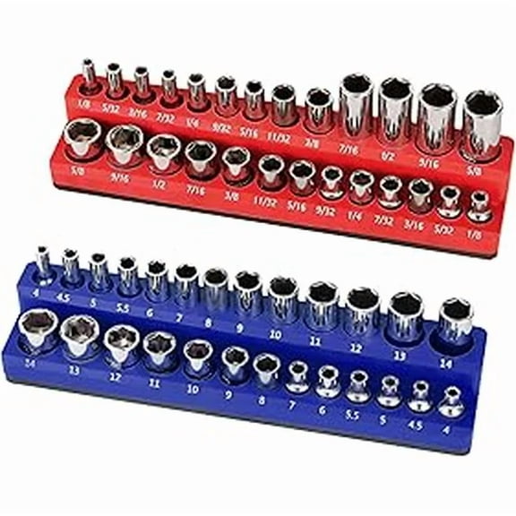 Magnetic Socket Organizer - 2 Piece Red SAE & Blue Metric-1/4 Socket Holder Kit - 1/4-inch Drive - Holds 52 Sockets - Professional- Grade - Magnetic Socket Tray