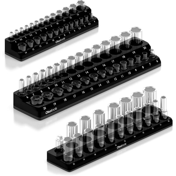 Magnetic Socket Organizer | 3 Piece Holder Kit 1/2-Inch, 3/8-Inch, & 1/4-Inch Drive Metric Black Holds 75 Sockets Professional-Grade