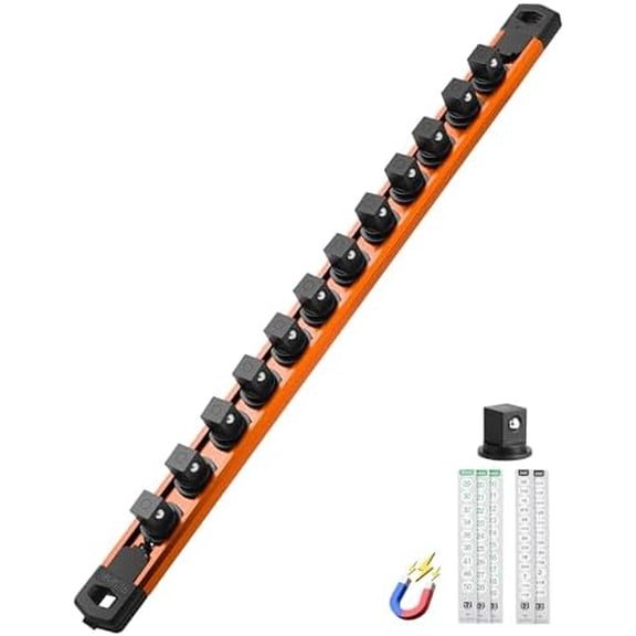 Magnetic Socket Organizer Set, 1/2-Inch Drive Heavy Duty Aluminum Socket Rail Organizer, 360° Swivel Clips Socket Rail for Sockets Storage, 1/2-Inch Socket Holder x 12 Clips (Orange, 1PC)