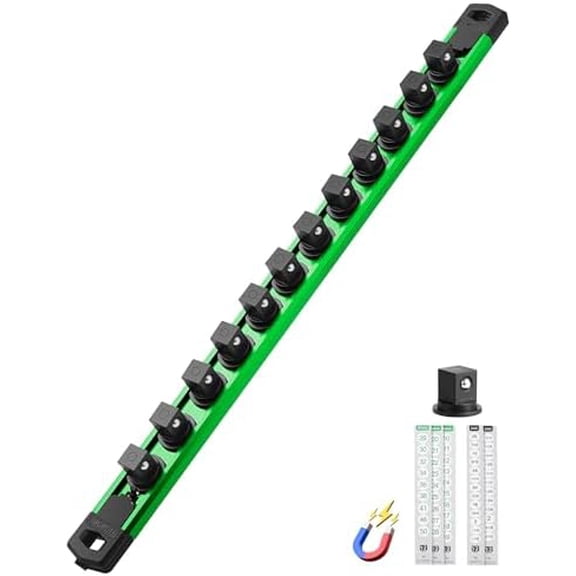 Magnetic Socket Organizer Set, 1/2-Inch Drive Heavy Duty Aluminum Socket Rail Organizer, 360° Swivel Clips Socket Rail for Sockets Storage, 1/2 Inch Socket Holder x 12 Clips (Black, 1PC)