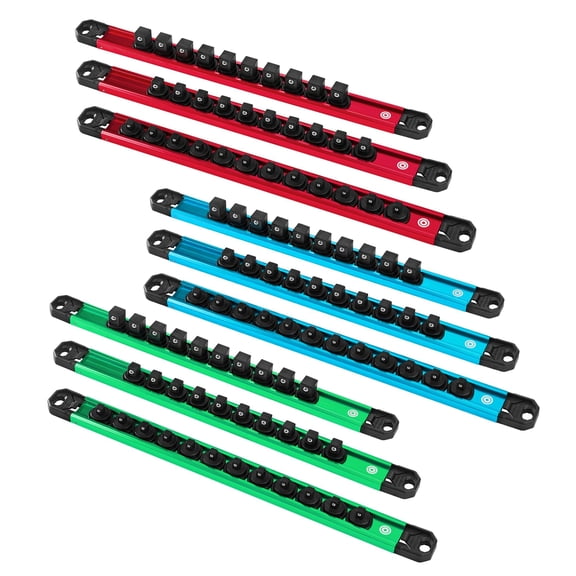 Magnetic Socket Organizer Set, 1/4, 3/8, 1/2 Aluminum Alloy Socket Rail with 96 Clips, Socket Holder for Tool Box Drawer, Tool Cart and Garage Organization(9PCS)