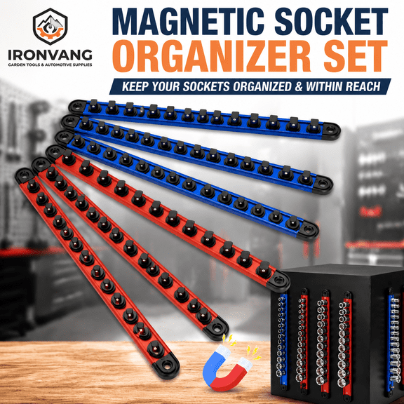 Magnetic Socket Organizer Set 1/4" 3/8" 1/2" Drive, 6PCS Aluminum Alloy Socket Holder with Removable Clips, Tool Box Drawer Socket Rail Storage Rack, Up to 80 Sockets Capacity