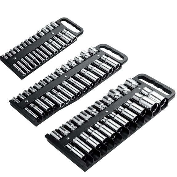 Magnetic Socket Organizer Set, 3 Pcs Black Portable Heavy Duty Socket Rail Set: 1/4-Inch x 22 Pallets, 3/8-Inch x 28 Pallets, 1/2-Inch x 26 Pallets, Hold 76 Sockets - Fit Shallow&Deep Sockets