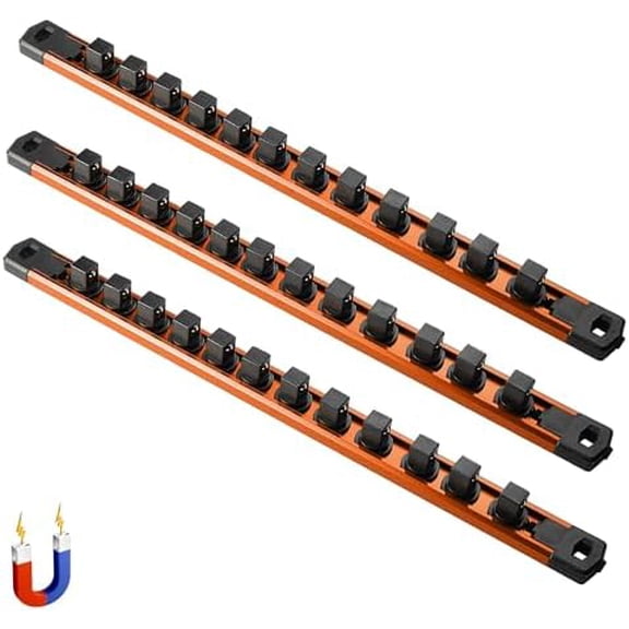 Magnetic Socket Organizer Set, 3-Piece Heavy Duty Aluminum Socket Holder Organizer, 360° Swivel Clips Socket Rail Kit for Tool Box, 1/2-Inch Socket Holder x 36 Clips (Orange, 3PC)