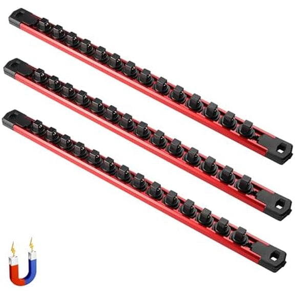 Magnetic Socket Organizer Set, 3-Piece Heavy Duty Aluminum Socket Holder Organizer, 360° Swivel Clips Socket Rail Kit for Tool Box, 3/8-Inch Socket Holder x 42 Clips (Red, 3PC)