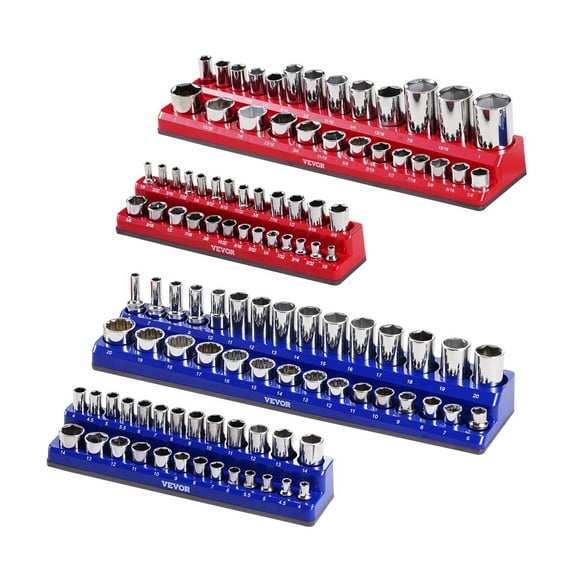 Magnetic Socket Organizer Set 4PCS Socket Trays for Metric and SAE, Blue & Red Tool Holders with 108 Slots, Strong Magnetic Base, Reinforced ABS, Garage Workshop Auto Repair Socket Storage Solution