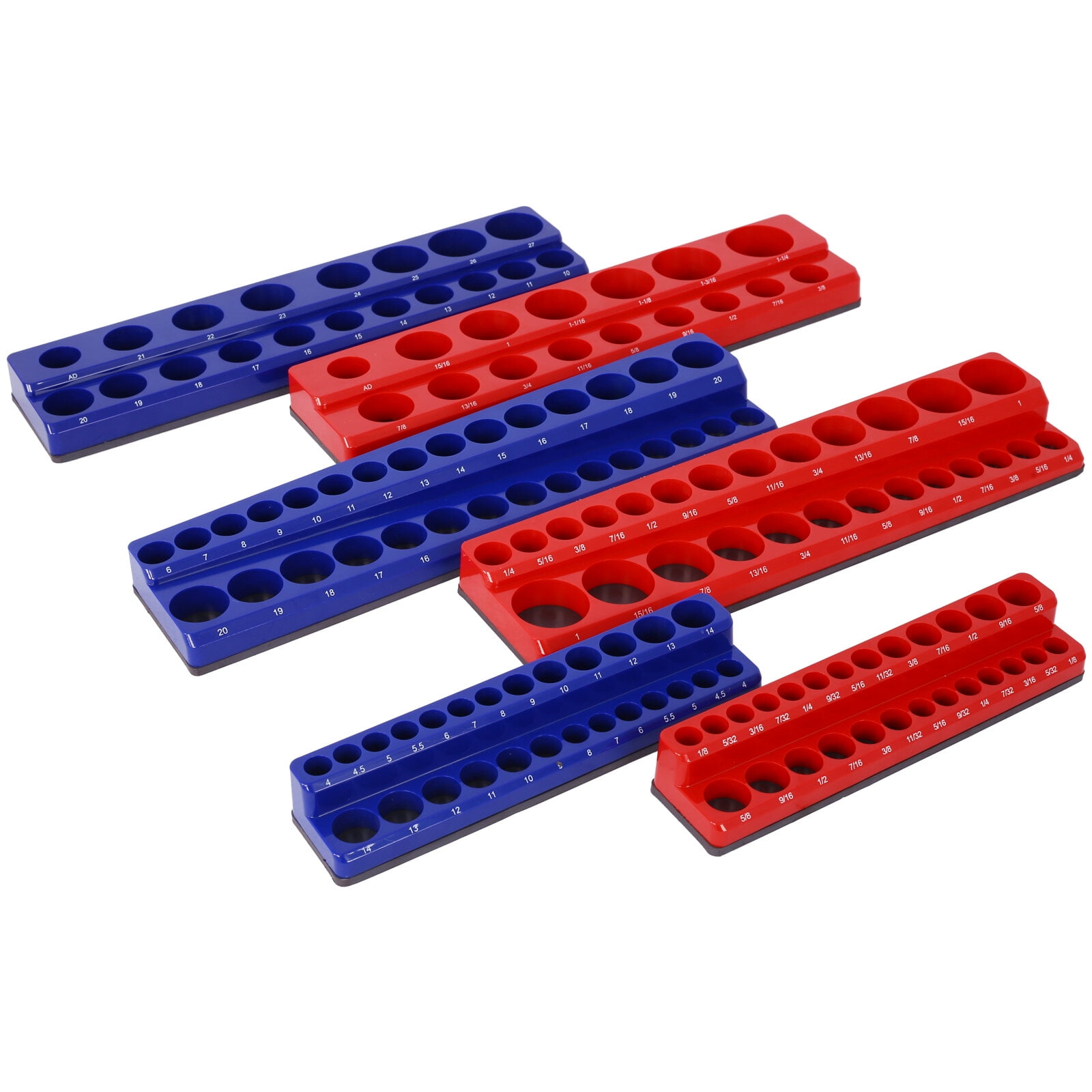 Magnetic Socket Organizer Set, 6-Piece Socket Holder Set Includes 1/4", 3/8", 1/2" Drive Metric SAE Socket Trays, Holds 141 Pieces Standard Size and Deep Size Sockets(Socket not Included),red and bl