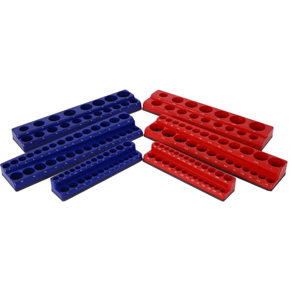 Magnetic Socket Organizer Set, 6-Piece Socket Holder Set Includes 1/4", 3/8", 1/2" Drive Metric SAE Socket Trays, Holds 141 Pieces Standard Size and Deep Size Sockets(Socket not Included),red and bl