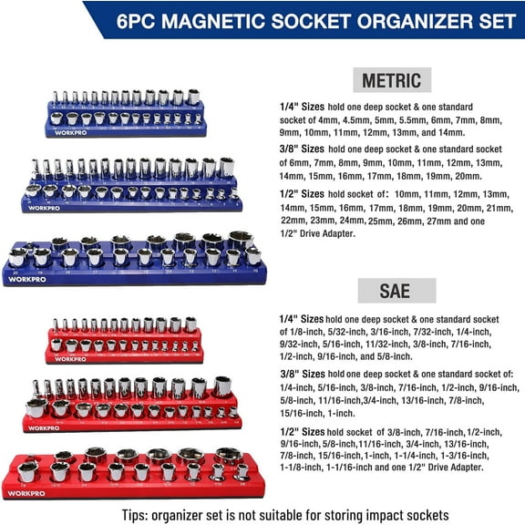 Magnetic Socket Organizer Set, 6-Piece Storage for 143 Sockets, Metric & SAE, No Scratches, Easy Access