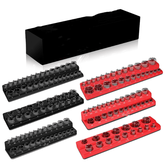Magnetic Socket Organizer Set, 6 Pieces Magnetic Socket Holder 1/2", 1/4", 3/8" Drive Metric & SAE Socket Tool Set, Socket Organizer Tray for Tool Box Drawer Holds 143 Standard Sockets