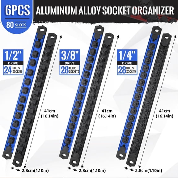 Magnetic Socket Organizer Set, 6PC 1/2" 3/8" 1/4" Drive Aluminum Alloy Socket Holder with 80PC 360 °   Swivel Removable Clips, Magnetic Socket Rail for Tool Box Drawer, Black & Blue