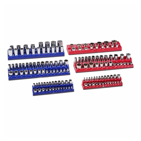 Magnetic Socket Organizer Set, 6PCS Socket Holder 1/4" 3/8" 1/2" Drive, SAE & Metric Socket Tray with Labels, Holds 143 Sockets, Blue & Red (Sockets Not Included)