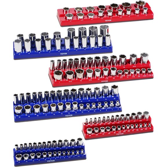 Magnetic Socket Organizer Set, 6PCS Socket Holder, 1/4'', 3/8'' & 1/2'' Metric SAE Socket Trays with Clear Labels, Hold up to 143PCS Standard & Deep Sockets, Blue & Red (Sockets Not Included)