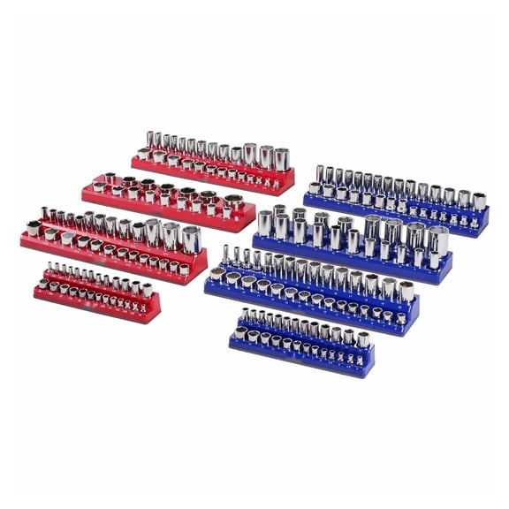 Magnetic Socket Organizer Set 8PCS, 1/4" 3/8" 1/2" Socket Holder Tray, Holds 199 Sockets, SAE & Metric, Clear Labels, Red/Blue (Sockets Not Included)
