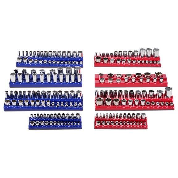 Magnetic Socket Organizer Set, 8PCS Socket Holder, 1/4'', 3/8'' & 1/2'' Metric SAE Socket Trays with Clear Labels, Hold up to 199PCS Standard & Deep Sockets, Blaue & Red (Sockets Not Included)