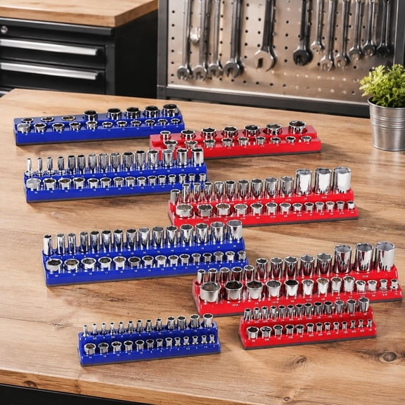 Magnetic Socket Organizer Set, 8Pcs Socket Holder Tray, 1/4, 3/8, 1/2 Inch Drive Metric and SAE Sockets Storage Rack, Magnetic Tool Organizer with Clear Labels for Garage Workshop, Wall Mountable, Id