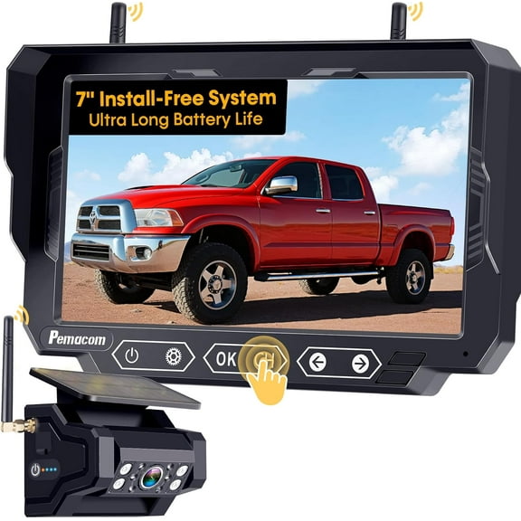 Magnetic Solar Wireless Backup Camera: 7" Portable 1 Min Easy Install Scratch-Proof No Delay Backup Camera for Truck Rechargeable HD 1080P for Pickup Trailer Small RV Camper Pemacom P15