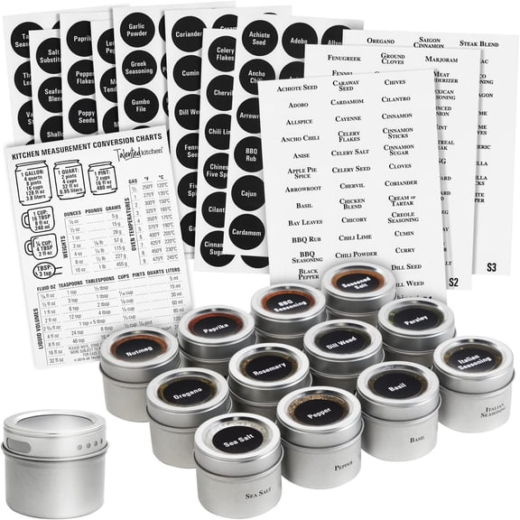 Magnetic Spice Jars for Refrigerator - 3oz Metal Spice Containers with Sift-and-Pour Lids (12 Magnet Jars, 269 Preprinted Labels, 2 Label Styles)