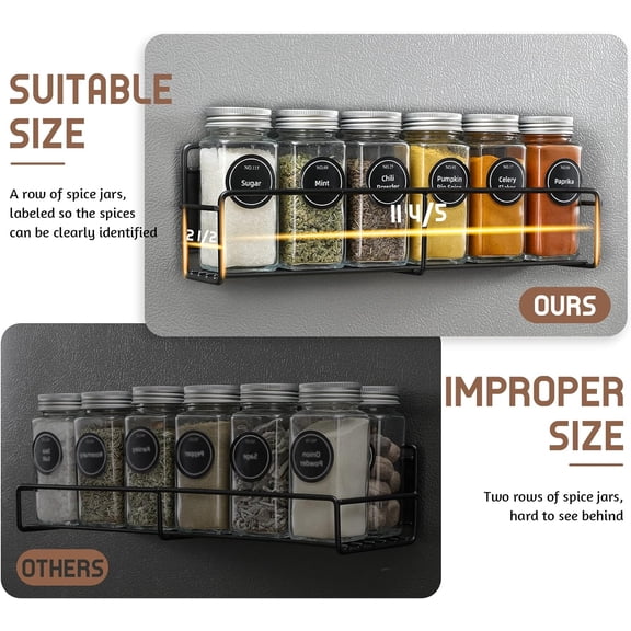 Magnetic Spice Rack, 4 Pack, 24 Square Glass Jars with Lids, Quick-Find Pre-Printed Labels, Funnel, Space Saver, Refrigerator and Microwave Oven Organizer