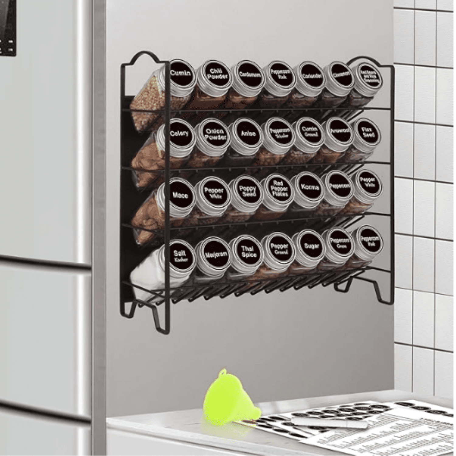 Magnetic Spice Rack Organizer with 28 Glass Spice Jars, 396 Spice