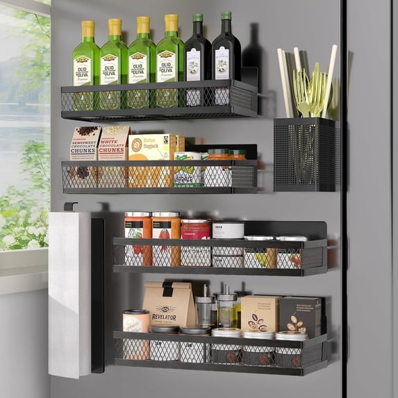 Magnetic Spice Rack Organizer, TAIMASI 6 Pack Moveable Fridge Spice Shelves with Paper Towel & Utensils Holder, Strong Metal Kitchen Organizer, Black