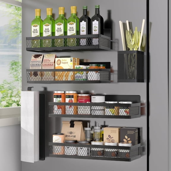 Magnetic Spice Rack Organizer, AOKIWO 6 Pack Moveable Fridge Spice Shelves with Paper Towel & Utensils Holder, Strong Metal Kitchen Organizer, Black