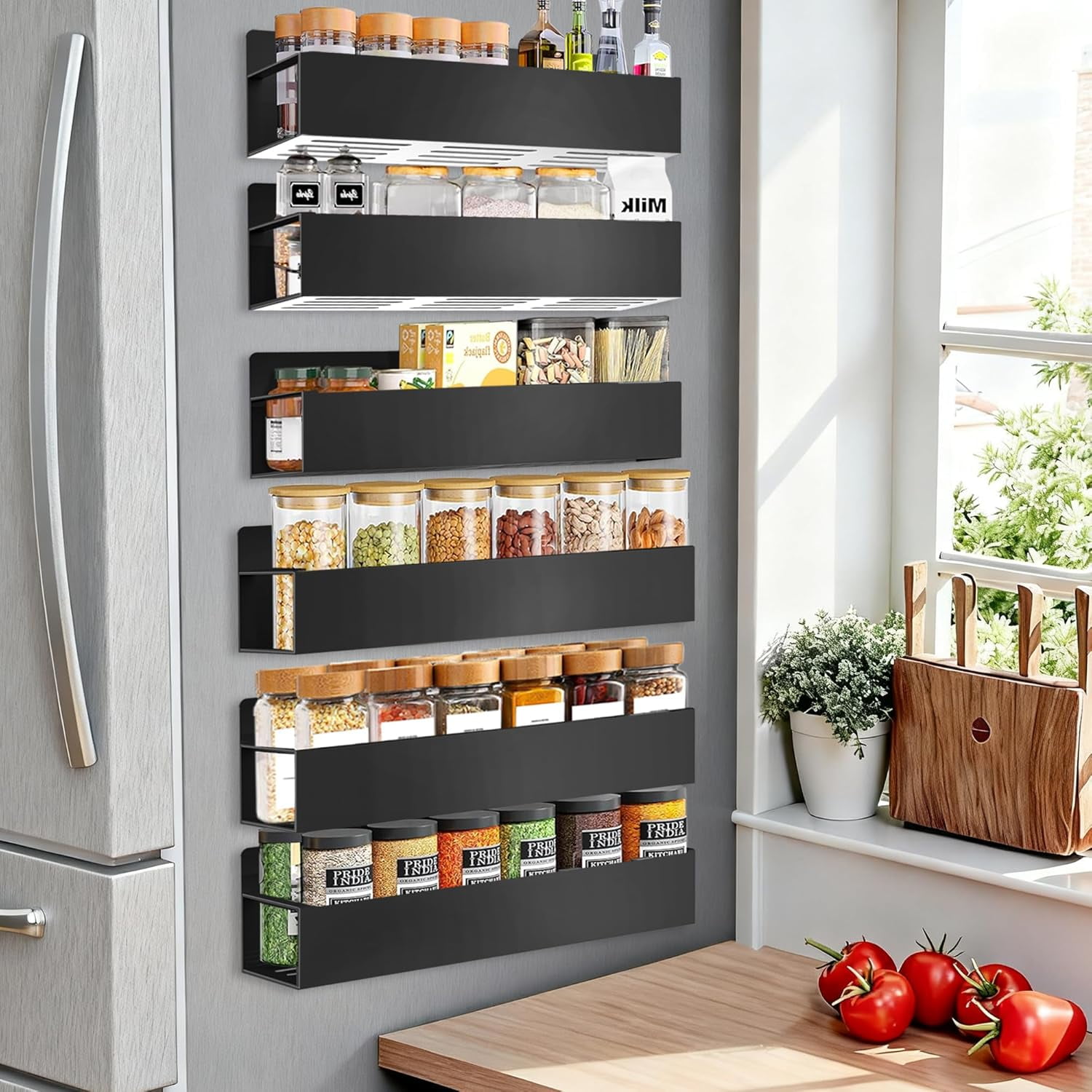 Magnetic Spice Rack for Refrigerator, 6pack Magnetic Shelf for Fridge Space Saving Seasoning Organizer for Kitchen storage Any Metal Surface No Drilling Needed (6pack-Black)
