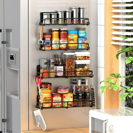 Magnetic Spice Rack Organizer for Refrigerator and Microwave Oven with 20 Hooks, 4 Pack Magnetic Fridge Spice Shelf Metal Kitchen Seasoning Holder