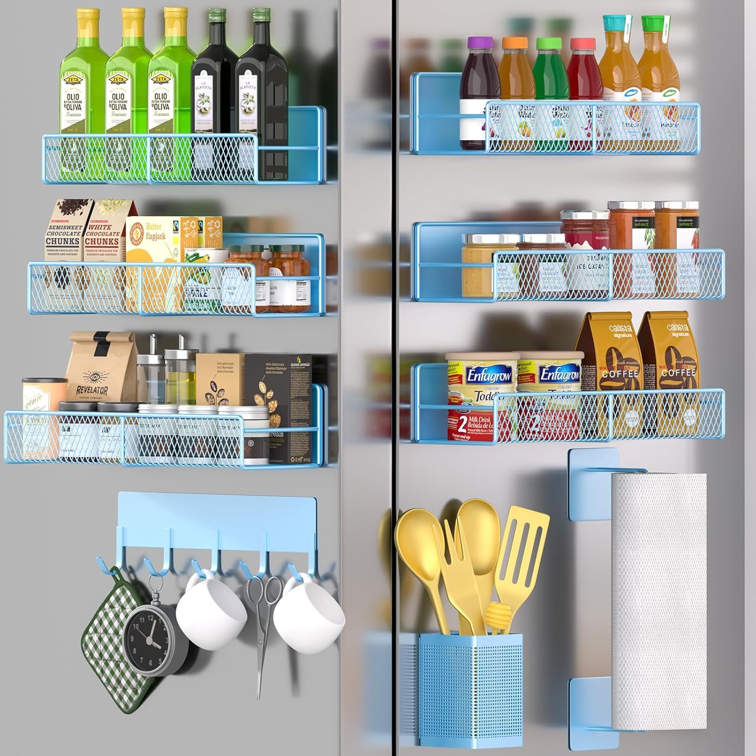 Magnetic Spice Rack for Refrigerator, 10 Pack Metal Magnetic Shelf, Moveable Spice Organizer with Hook Rack, Paper Towel Holder, Kitchenware Holder, Strong Magnetic Storage Fridge Organizer Blue