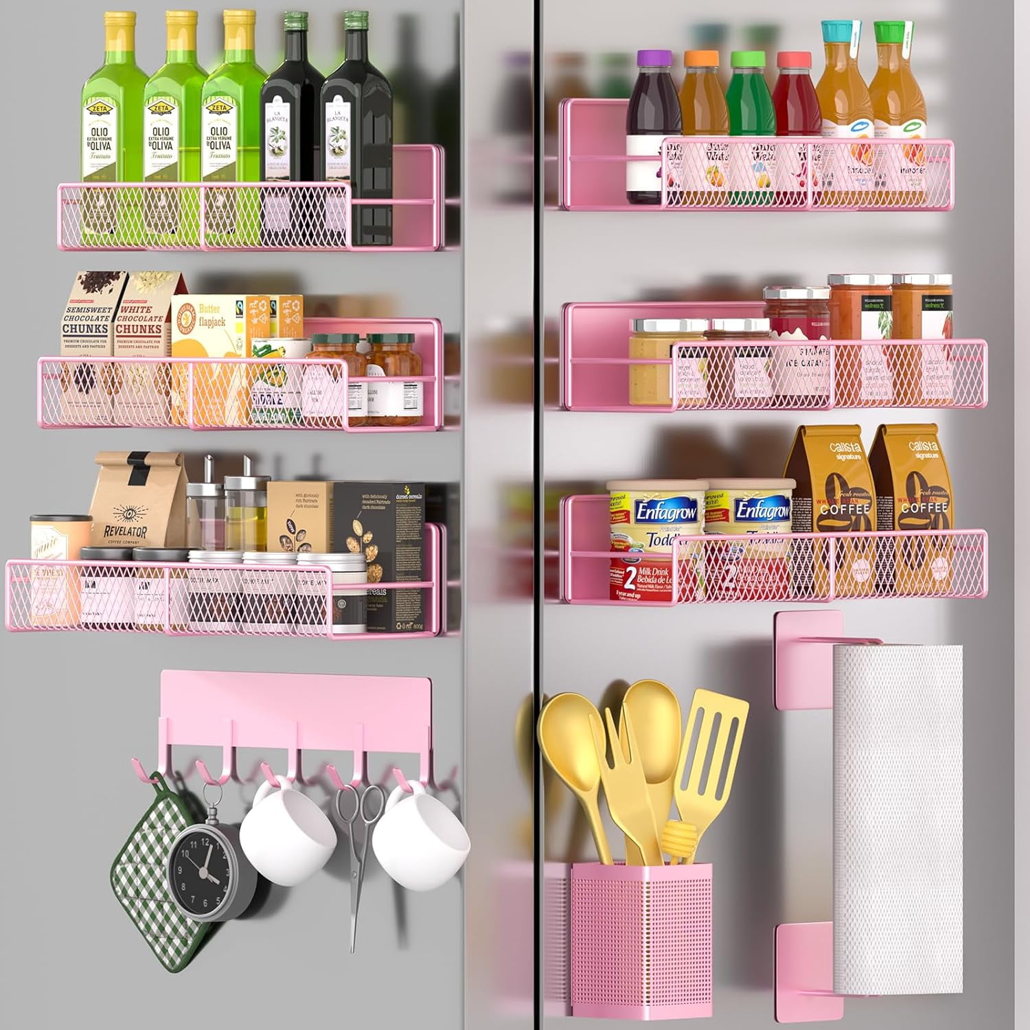 Magnetic Spice Rack for Refrigerator, 10 Pack Metal Magnetic Shelf, Moveable Spice Organizer with Hook Rack, Paper Towel Holder, Kitchenware Holder, Strong Magnetic Storage Fridge Organizer Pink